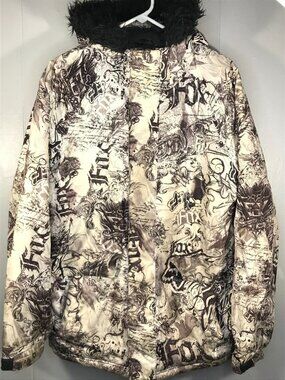 Vintage Fox Racing AOP Grafitti Jacket Mens Md Faux Fur Hood Parka Ski Snowboard